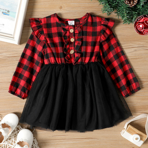 Toddler Girl Ruffled Button Design Plaid Mesh Splice Long-sleeve Dres