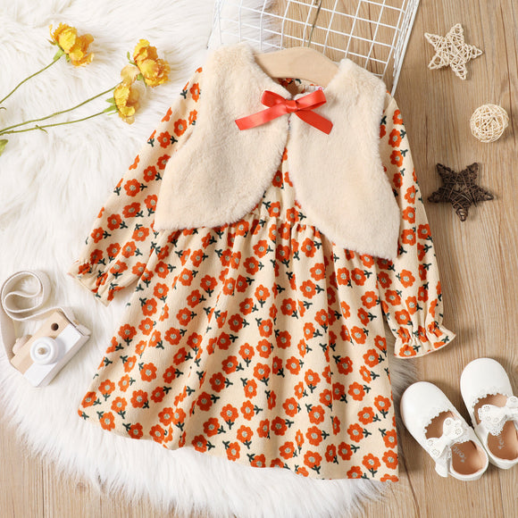 2-piece Toddler Girl Floral Print Round-collar Long-sleeve Dress and Bowknot Fuzzy Vest Coat Set