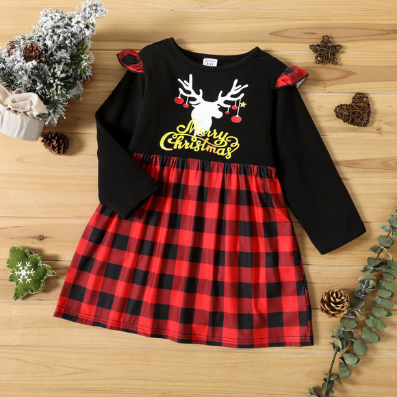 Toddler Girl Christmas Letter Deer Print Plaid Long sleeve Splice Dress