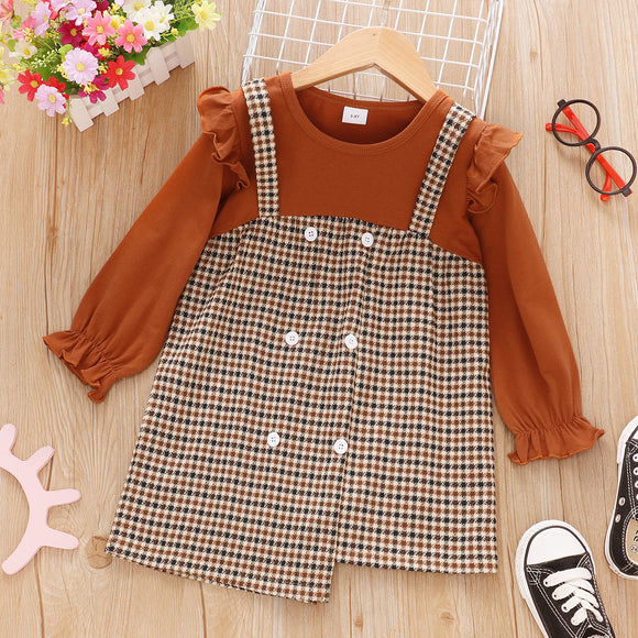 Toddler Girl Faux-two Ruffled Plaid Button Design Irregular Hem Long-sleeve Dress