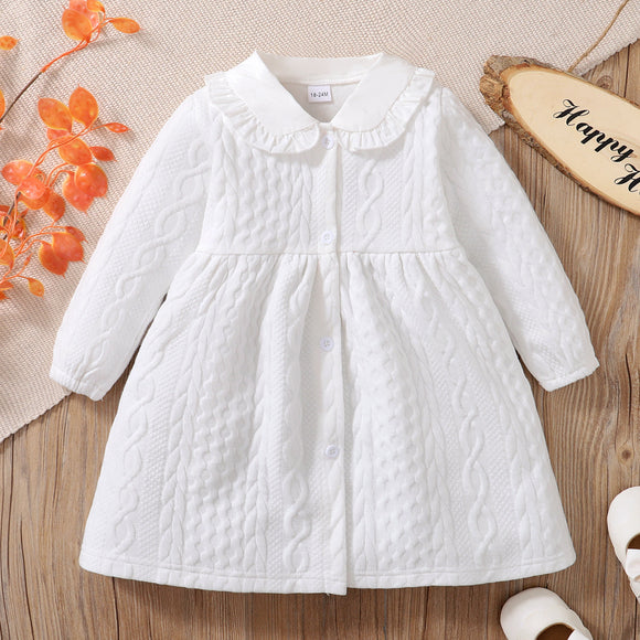 Toddler Girl Doll Collar Button Design Cable Knit Textured Long-sleeve Dress