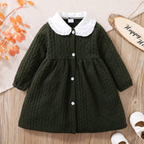 Toddler Girl Doll Collar Button Design Cable Knit Textured Long-sleeve Dress