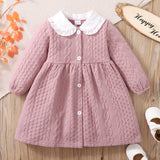 Toddler Girl Doll Collar Button Design Cable Knit Textured Long-sleeve Dress