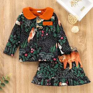 2-piece Toddler Girl Doll Collar Floral Animal Print Button Design Jacket and Ruffle Hem Skirt Set