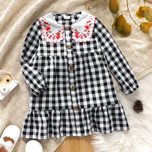 Toddler Girl Floral Embroidered Statement Collar Button Design Long-sleeve Plaid Dress