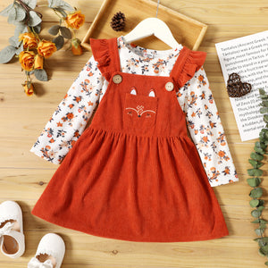 2-piece Toddler Girl Floral Print Long-sleeve Tee and Ruffled Fox Pattern Overall Dress Set