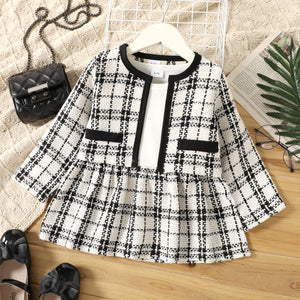 2-piece Toddler Girl Plaid Tweed Splice Long-sleeve Dress and Cardigan Set