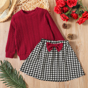 2-piece Toddler Girl Cable Knit Textured Sweater and Bowknot Design Houndstooth Skirt Set