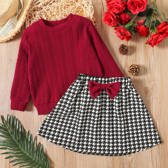 2-piece Toddler Girl Cable Knit Textured Sweater and Bowknot Design Houndstooth Skirt Set