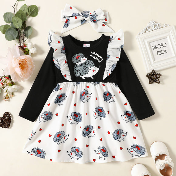 2-piece Toddler Girl Hedgehog Print Long-sleeve Dress and Headband Set