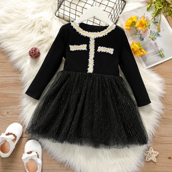 Toddler Girl Tweed Design Ribbed Mesh Splice Long-sleeve Dress