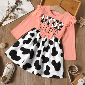 Toddler Girl Ruffled Letter Cows Print Splice Long-sleeve Dress