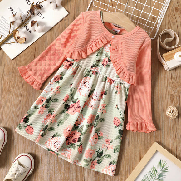 2-piece Toddler Girl Floral Print Sleeveless Dress and Ruffled Pink Cardigan Set