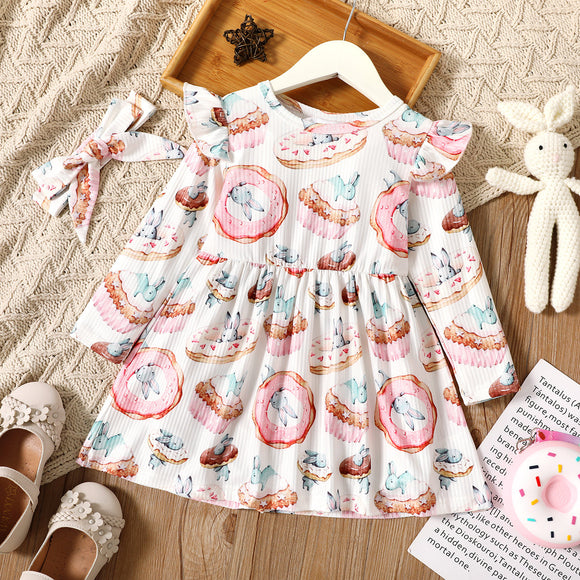 2-piece Toddler Girl Ruffled Rabbit Donut Print Long-sleeve Dress and Headband Set