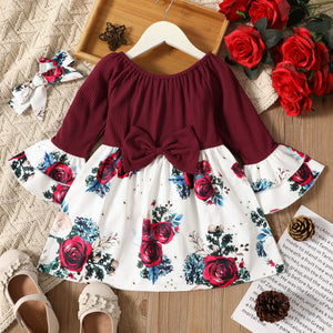 Toddler Girl Bowknot Design Ribbed Floral Print Splice Layered Long Bell sleeves Dress