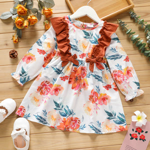 Toddler Girl Floral Print Bowknot Design Ruffled Long-sleeve Dress