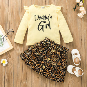 2-piece Toddler Girl Letter Print Ruffled Long-sleeve Top and Leopard Print Paperbag Skirt Set