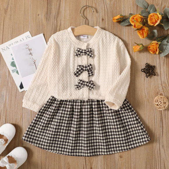 2-piece Toddler Girl Bowknot Button Design Cable Knit Sweater and Plaid Skirt Set