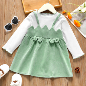 Toddler Girl Faux-two Bowknot Design Strap Long-sleeve Dress