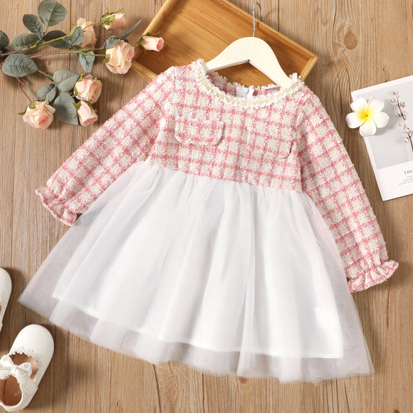 Toddler Girl Plaid Tweed Mesh Splice Long-sleeve Dress