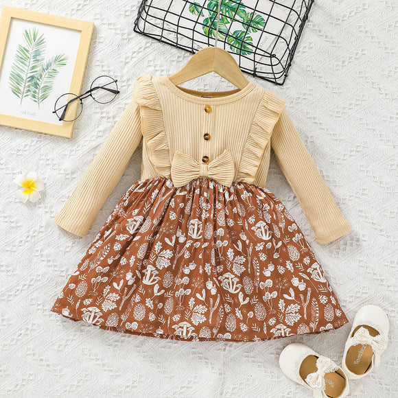 Toddler Girl Ruffled Ribbed Bowknot Button Design Floral Print Splice Long-sleeve Dress