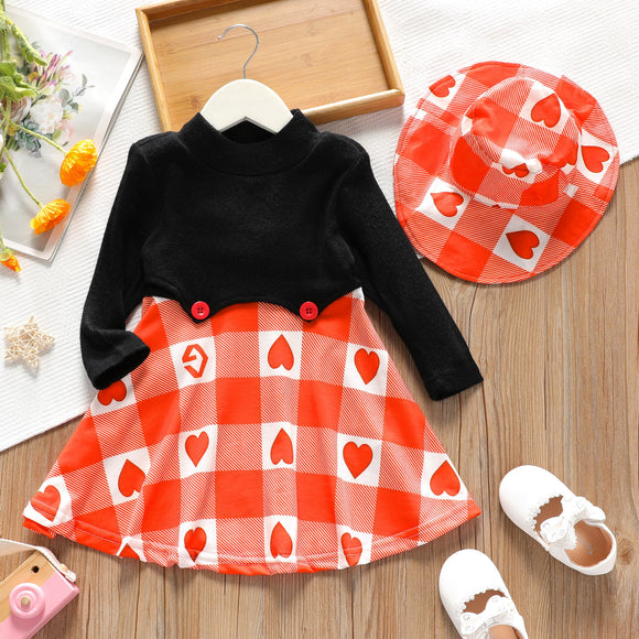 Toddler Girl Mock Neck Plaid Heart Print Splice Long-sleeve Dress