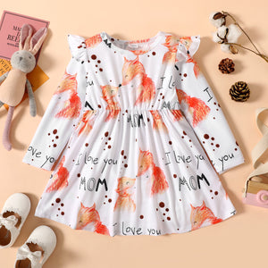 Toddler Girl Fox and Letter Allover Ruffle Decor Long-sleeve White Dress