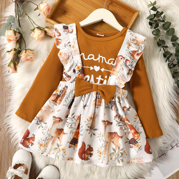 2-piece Toddler Letter Print Long-sleeve Ribbed Top and Animal Floral Print Ruffled Suspender Skirt Set