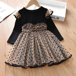 Toddler Girl Ruffled Polka dots Mesh Design Long-sleeve Splice Dress