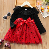 Toddler Girl Lace Bowknot Design Polka dots Mesh Splice Long-sleeve Dress