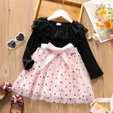 Toddler Girl Lace Bowknot Design Polka dots Mesh Splice Long-sleeve Dress