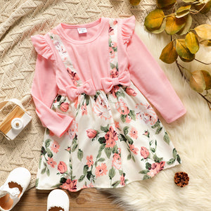 Toddler Girl Faux-two Ruffled Bowknot Design Floral Print Splice Long-sleeve Dress