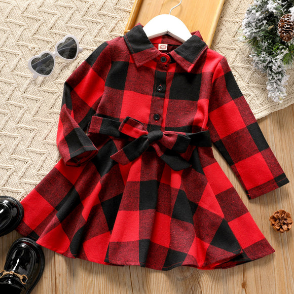 Toddler Girl 100% Cotton Lapel Collar Button Design Belted Long-sleeve Plaid Dress