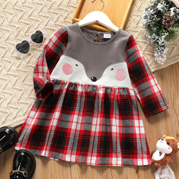 Toddler Girl Animal Pattern Plaid Long-sleeve Dress