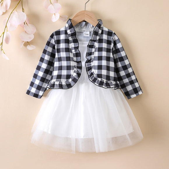 2-piece Toddler Girl Mesh Splice Cami White Dress and Ruffled Plaid Cardigan Set