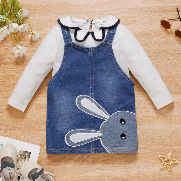 2-piece Toddler Girl Doll Collar Long-sleeve Top and Rabbit Embroidered Denim Overall Dress Set