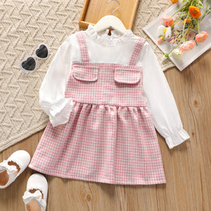 Toddler Girl Faux-two Ruffle Collar Pink Houndstooth Long-sleeve Dress