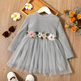 BabyToddler Girl Floral Embroidered Ribbed Mesh Splice Long-sleeve Dress