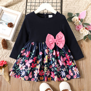 Toddler Girl Bowknot Design Floral Print Splice Long sleeve Dress