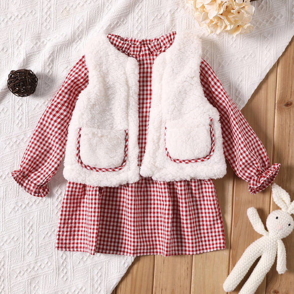 2-piece Toddler Girl Ruffled Plaid Long-sleeve Dress and Fuzzy White VestSet