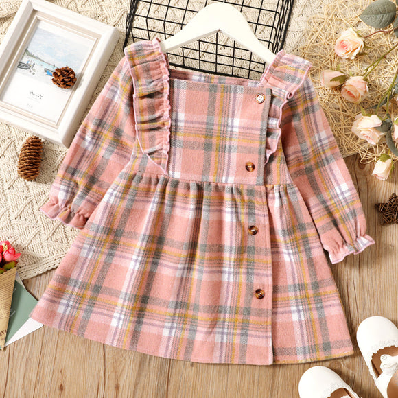 BabyToddler Girl 100% Cotton Square Neck Ruffled Plaid Button Design Long-sleeve Dress