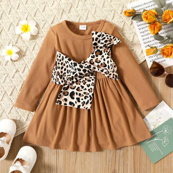 Toddler Girl Leopard Print Twist Knot Long-sleeve Ribbed Dress