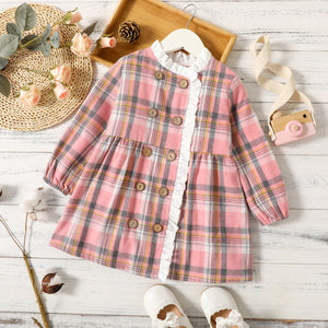 Toddler Girl Ruffled Double Breasted Plaid Long-sleeve Dress