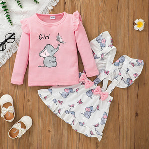 2-piece Toddler Girl Elephant Print Ruffled Waffle Long-sleeve Pink Top and Bowknot Design Suspender Skirt Set