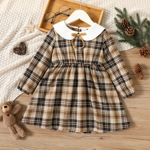 Toddler Girl Doll Collar Bowknot Design Plaid Long-sleeve Dress