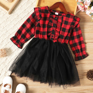 Toddler Girl Ruffled Button Design Plaid Mesh Splice Long-sleeve Dress