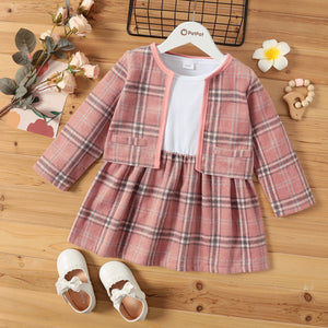 2-piece Toddler Girl Plaid Splice Fuzzy Long-sleeve Dress and Cardigan Set