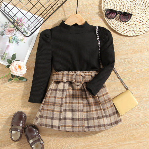 2-piece Toddler Girl Mock Neck Puff-sleeve Long-sleeve Ribbed Top and Belted Plaid Skirt Set