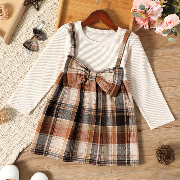 Toddler Girl Faux-two Bowknot Design Plaid Splice Long-sleeve Dress