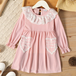 Toddler Girl Lace Flounce Design Long Ruffle-sleeve Pink Dress